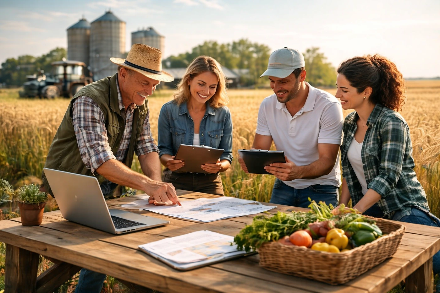 Landwirtschaftlich erfahrene Menschen besprechen gemeinsam Pläne und Unterlagen im Feld